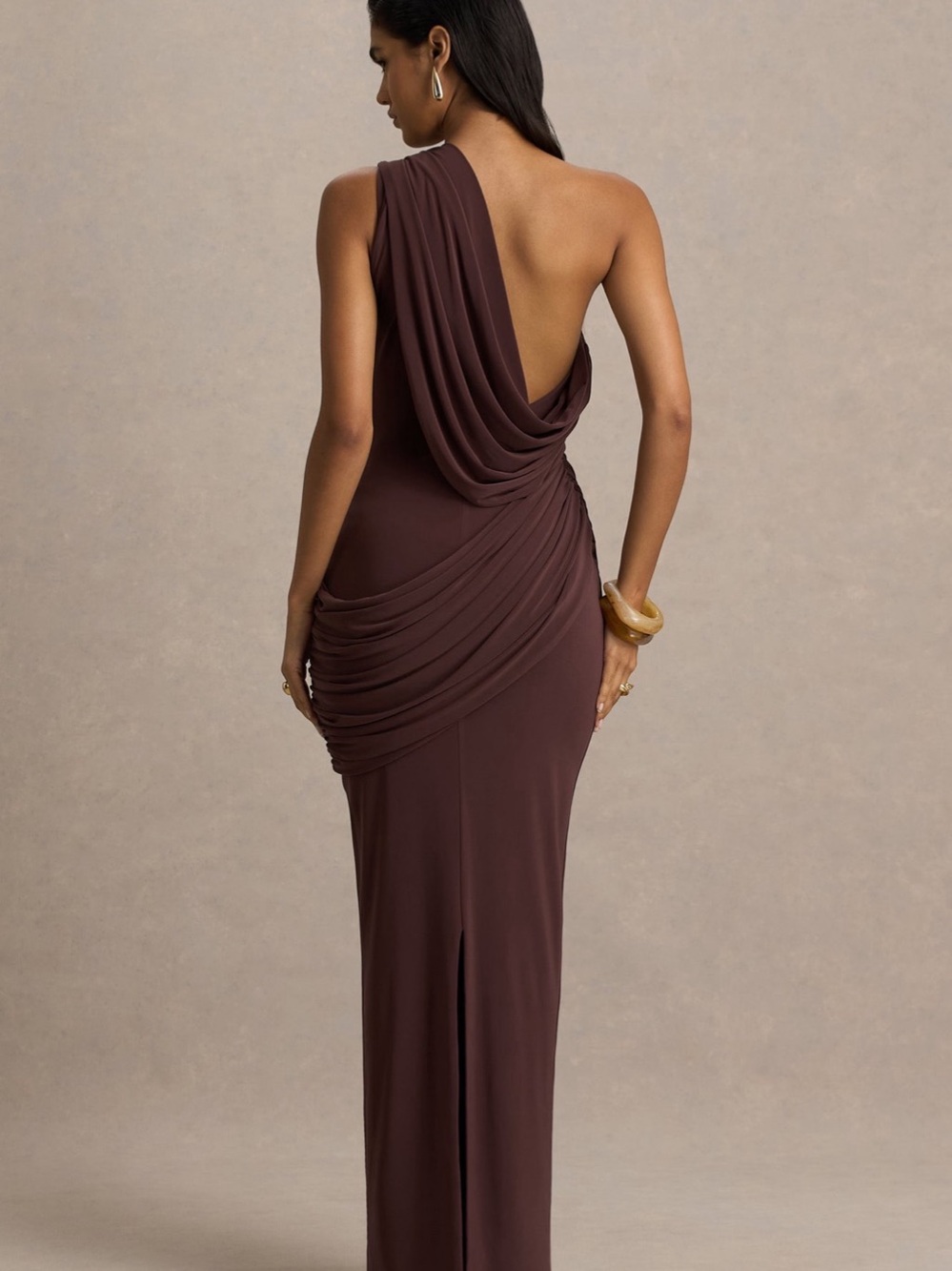 ELISA - BROWN ASYMMETRIC-NECK MAXI DRESS WITH OPEN-BACK AND RUCHED DETAILING - Picture 2 of 4